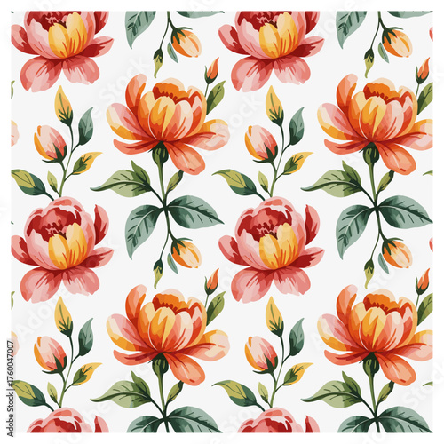 Elegant seamless floral pattern with watercolor-style red, orange, and yellow peony flowers and green leaves on white. Perfect for fabric, wallpaper, and luxury design projects.