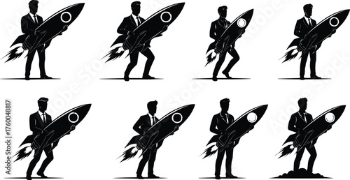 Businessman holding rocket, startup launch, innovation, ambition, success, entrepreneurship