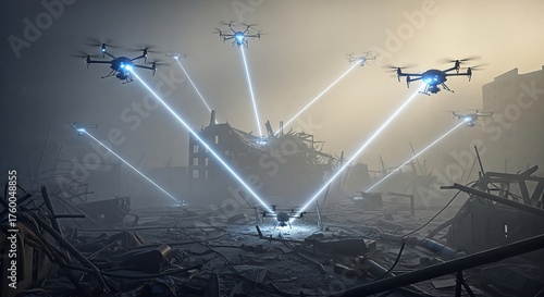 A swarm of advanced drones hovers over a destroyed urban landscape, emitting powerful blue laser beams towards a central point.