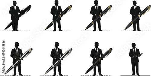 Businessman holding giant pen, writing, communication, leadership, creativity, strategy, progress, success, documentation, vector illustration