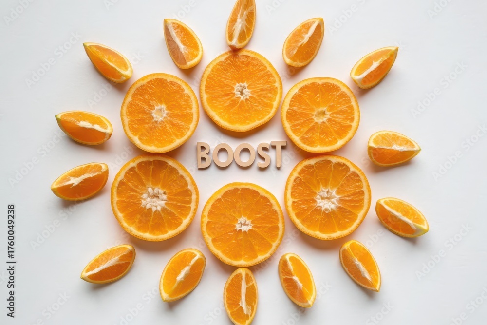 Fototapeta premium Fresh Orange Slices Arranged with Boost Text on White Background