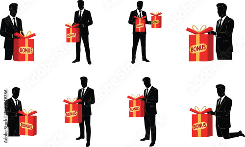 Businessman with bonus gift, reward, finance, motivation, success, wealth, incentive, leadership, achievement, vector illustration