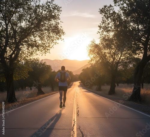 closeup of backview of a jogger on an empty road , focus on the shoes, outdoorsports  fitness exercise healthy wellness concept