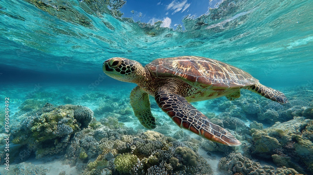 Obraz premium A turtle swimming in the ocean. The water is blue and the turtle is surrounded by coral. The scene is peaceful and serene