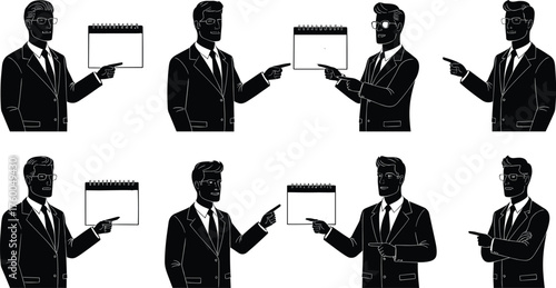 Businessman with flip chart, presentation, strategy, leadership, planning, analysis, progress, success, decision, vector illustration