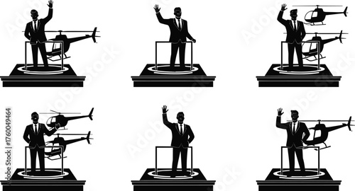 Businessman with helicopter, leadership, ambition, success, strategy, progress, authority, power, opportunity, vector illustration