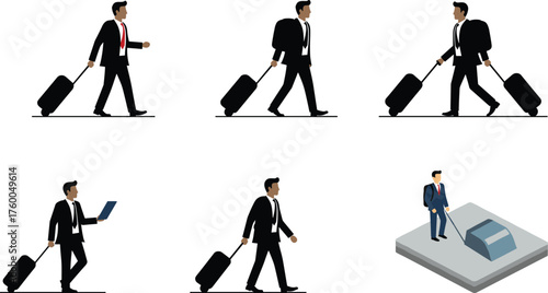 Businessman with suitcase, travel, mobility, technology, leadership, ambition, progress, success, career, vector illustration