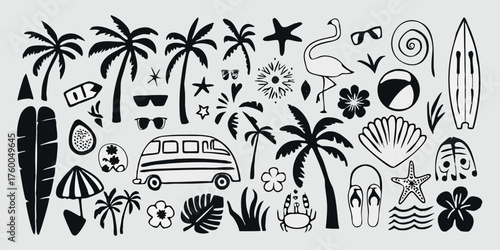 Beachy bliss in black-and-white silhouettes featuring palm trees, surfboards, and beach elements, evoking carefree summer dreams in a minimalist style.