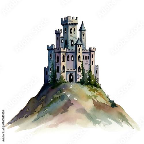 Fototapeta Naklejka Na Ścianę i Meble -  Watercolor painting of a fairytale castle on a hill isolated on white background