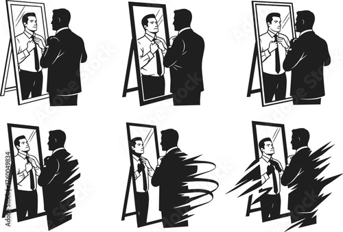 Surreal mirror reflection silhouette, identity transformation concept, psychological tension scene, inner self conflict, cad drawing flat vector illustration