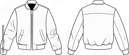 Technical fashion flat sketch, bomber jacket front and back, zipper, ribbed collar, cuffs, hem, welt pockets, flap pocket, apparel illustration