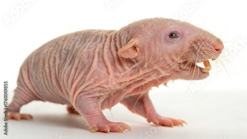 Naked mole rat isolated on white studio background, detailed realistic wildlife photo showing wrinkled pink skin, large teeth, and hairless body