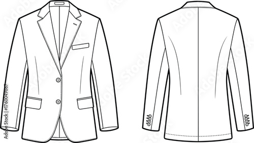 Technical fashion flat sketch, men’s blazer front and back, lapel, welt pocket, flap pockets, buttons, cuffs, vent, tailoring, apparel illustration