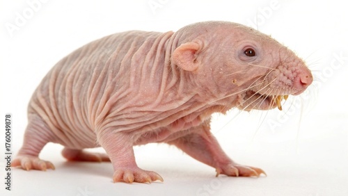 Naked mole rat isolated on white studio background, detailed realistic wildlife photo showing wrinkled pink skin, large teeth, and hairless body