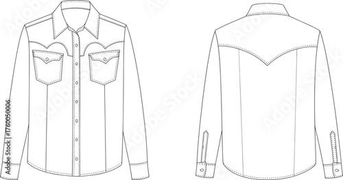 Technical fashion flat sketch, western shirt front and back, collar, button placket, chest pockets, yoke, cuffs, tailoring, apparel, vector illustration