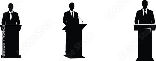Business debate silhouettes at podiums, corporate discussion, leadership communication, political speech, professional presentation