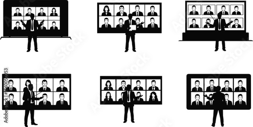 Virtual meeting silhouettes, online conference, remote teamwork, digital communication, business presentation, corporate training, workplace collaboration, cad drawing flat vector illustration