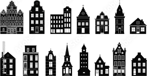 Amsterdam buildings black and white vector set, Dutch architecture silhouettes, historic facades and canal houses, Netherlands cityscape minimalist illustration art