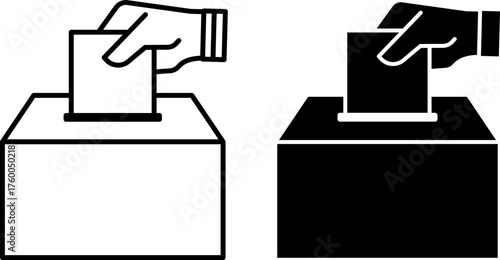 Vote Icons. Black and White Vector Illustrations. Person Casting a Ballot into a Ballot Box. Election Concept