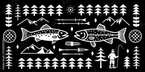 Two trout face off amidst stylized mountains, sun, and pine trees, embodying rustic wilderness in a bold, minimalist vector style with stark contrast.