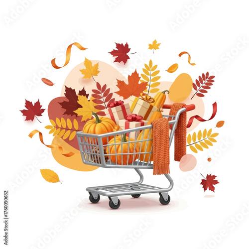 A shopping cart filled with pumpkins, gifts, and a scarf, surrounded by colorful autumn leaves.
