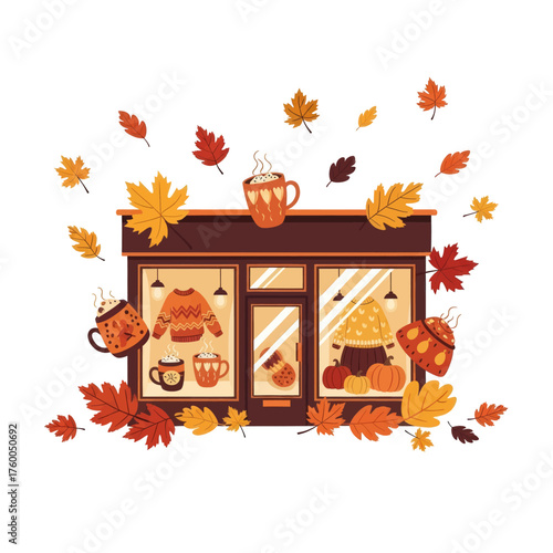 Autumn shop front with leaves, pumpkins, sweater, mugs, and mushroom.