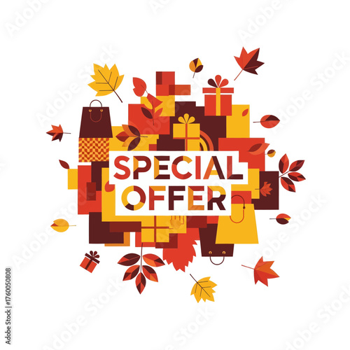 Autumn-themed graphic design featuring shopping bags, gift boxes, and falling leaves, advertising a special offer.