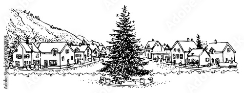 Winter Village Panorama with Christmas Tree Vintage Sketch Doodle Engraving for Laser Cutting and CNC
