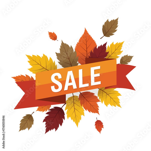 Autumn sale banner with colorful falling leaves and a ribbon that says SALE.