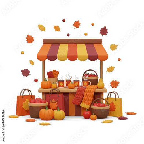 A vibrant autumn market stall, adorned with pumpkins, apples, and fall foliage, offering warm drinks.