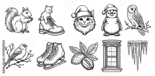 Winter Woodland Animals and Holiday Objects Icon Set Vintage Sketch Doodle Engraving for Laser Cutting and CNC