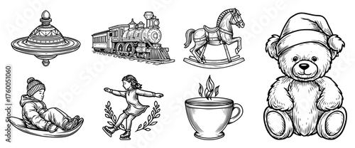Christmas Toys and Winter Activities Icon Set Vintage Sketch Doodle Engraving for Laser Cutting and CNC