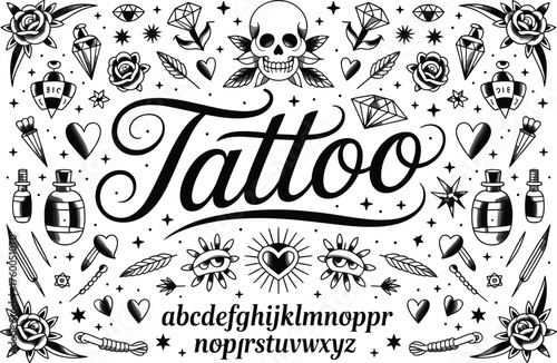 Black and white traditional tattoo flash sheet with roses, skulls, anchors, and lettering, vintage old-school tattoo art design