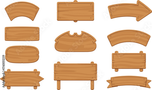 Cartoon wooden signboard collection with various shapes, arrow, blank wood signs for game UI, nature, and outdoor design projects