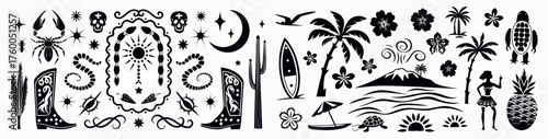A whimsical clash of cultures blending tropical paradise elements with Western motifs in bold black and white line art, creating a unique fusion of styles and stories.