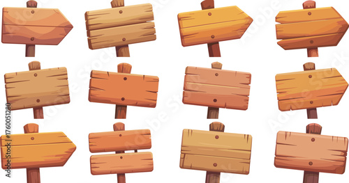 Cartoon wooden signpost collection, rustic blank wood boards and arrows for game design, map markers, or nature sign illustration