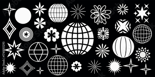 A collection of celestial and floral geometric shapes evoking cosmic harmony in high contrast design.