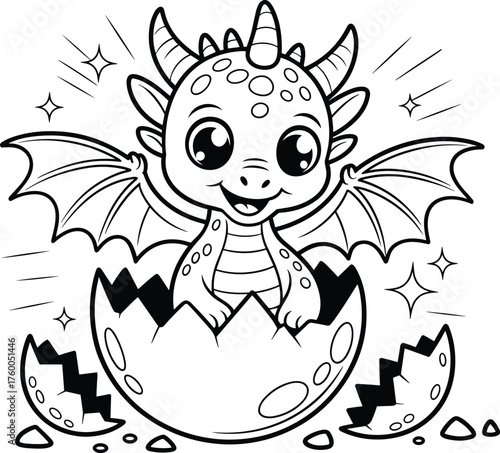 Cute baby dragon hatching from egg black and white line art fantasy creature coloring illustration