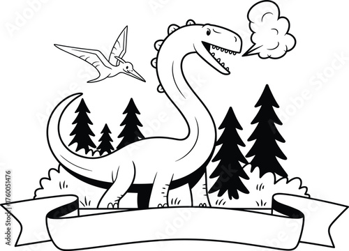 Cute black and white dinosaur line art illustration with forest trees and pterodactyl, cartoon prehistoric design for coloring book