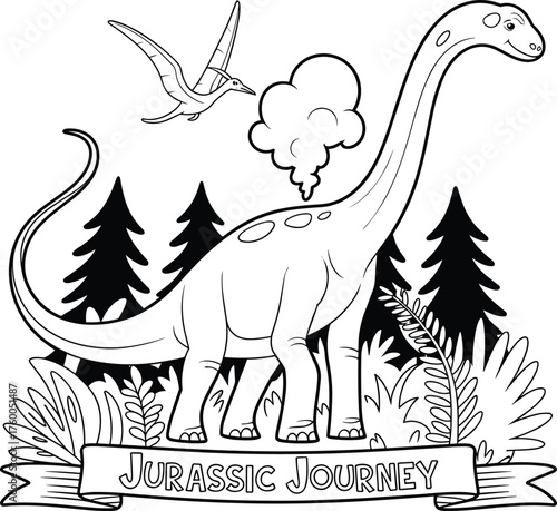 Cute black and white dinosaur line art illustration with forest trees and pterodactyl, cartoon prehistoric design for coloring book