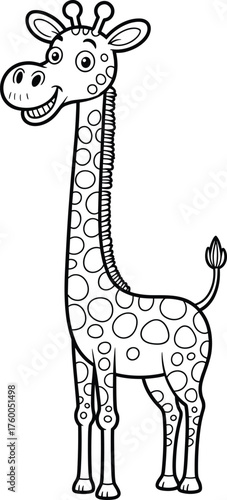 Cute cartoon giraffe black and white line art illustration, funny animal coloring page for kids and education