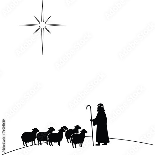 Shepherd with Sheep and Star Silhouette religious biblical nativity christmas scene flock pastor animal