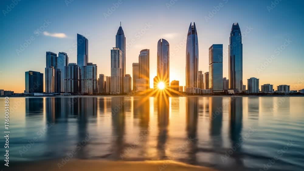 custom made wallpaper toronto digitalA picturesque city skyline at sunset, with buildings reflecting in calm water and vibrant sky