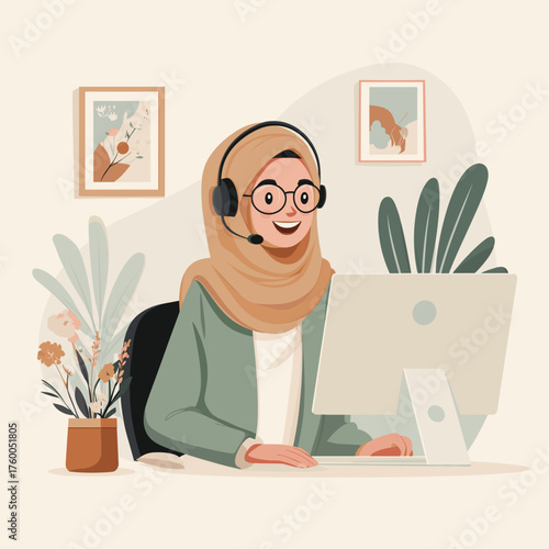 Middle Eastern Female Freelancer Working Remotely on Video Call, Flat Vector Illustration of Online Communication and Remote Work Concept
