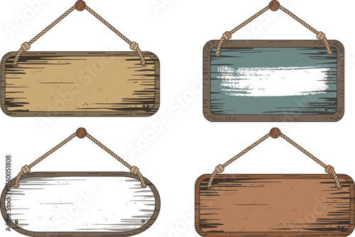 Rustic hanging wooden signs with rope and beads, vintage blank wood boards for shop decoration, café, or handmade label design