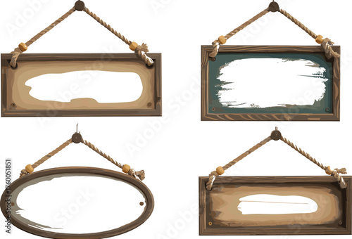 Rustic hanging wooden signs with rope and beads, vintage blank wood boards for shop decoration, café, or handmade label design