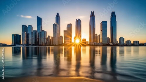 Wallpaper Mural A picturesque city skyline at sunset, with buildings reflecting in calm water and vibrant sky Torontodigital.ca