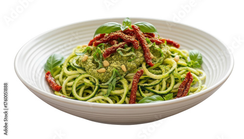 Entrée Raw Zucchini Pasta Spiralized zucchini noodles tossed in a raw pesto sauce made from fresh basil, pine nuts,  olive oil,  sun-dried tomatoes, nutritional yeast Isolated  Transparent Background