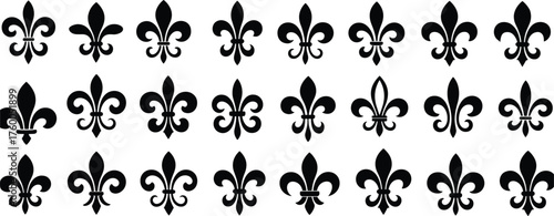 Seamless pattern of black fleur-de-lis symbols, elegant royal French heraldic icons, classic decorative vector ornament background design