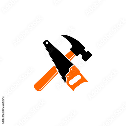 A graphic illustration featuring a hammer and saw, crossed over each other, on a white background.